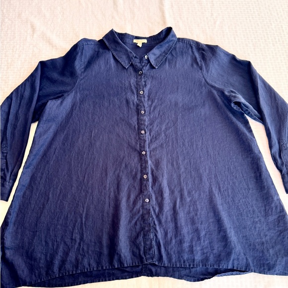 Eileen Fisher Organic Linen Button Front Tunic Shirt 2X Blue Minimalist - Picture 2 of 10